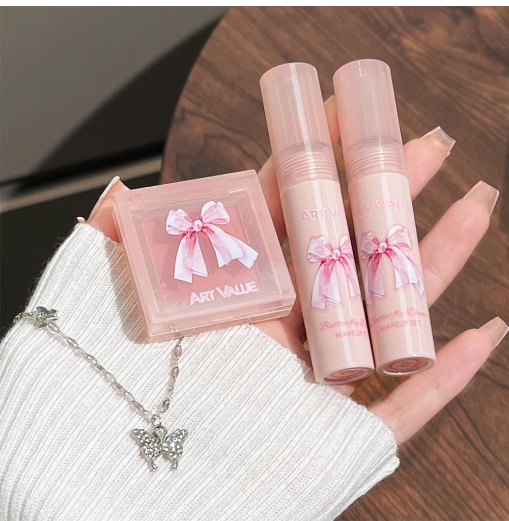6Pcs/Box Matte Lipstick Set Lips Makeup Velvet Nude Lip Gloss Moisturizing Lip Glaze Face Blush Palette Makeup Set Necklace Gift