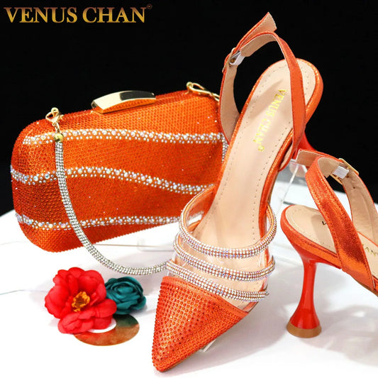 Venus Chan 2023 Newest INS Style Orange Color Elegant High Heels Nigeria Popular Design African Ladies Shoes And Bag Set ''hayoutopy''