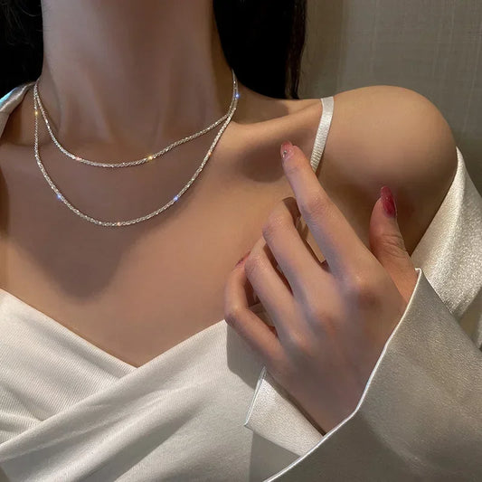 Popular Sparkling Necklace for Women Silver Colour Clavicle Chain Choker Fashion Jewelry Wedding Party Birthday Gift ''hayoutopy''