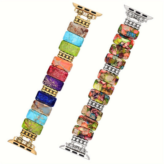 Watch Colorful Natural Stone Bracelet Beaded-Bands Compatibe With Apple Watch Series 9 8 7 6 5 4 3 2 1, Feminine Cute Handmade Elastic Stretch Beaded Strap For IWatch Bands 38mm 40mm 41mm 42mm 44mm 45mm 49mm For Apple Watch Bands F